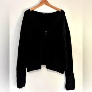 🖤 LA FÉE VERTE Cashmere Zipper Patch Pocket Asymmetrical Sweater XS VGUC Black
