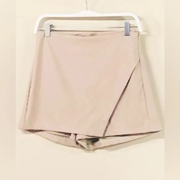 (16332-BGE) PU SKORT SHORTS WITH OVERLAPPING ASYMMETRICAL PANEL
