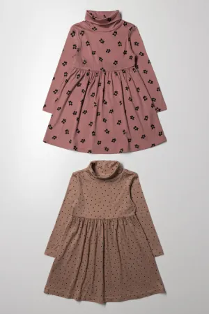 2 Pack Poloneck Dresses Pink And Brown