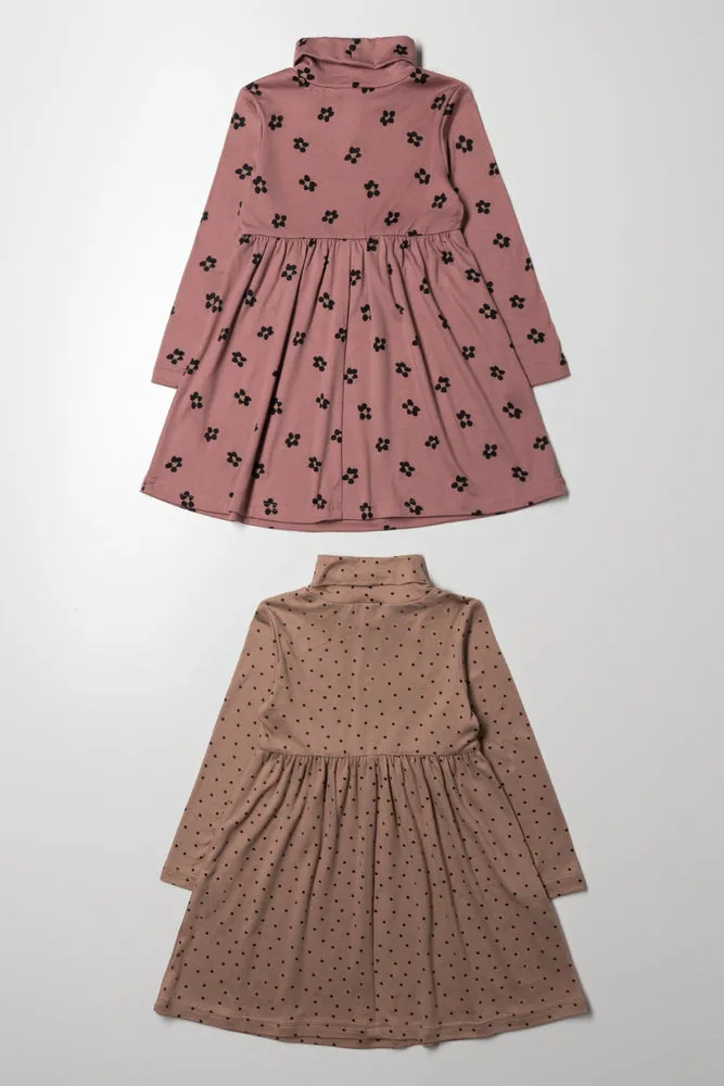 2 Pack Poloneck Dresses Pink And Brown