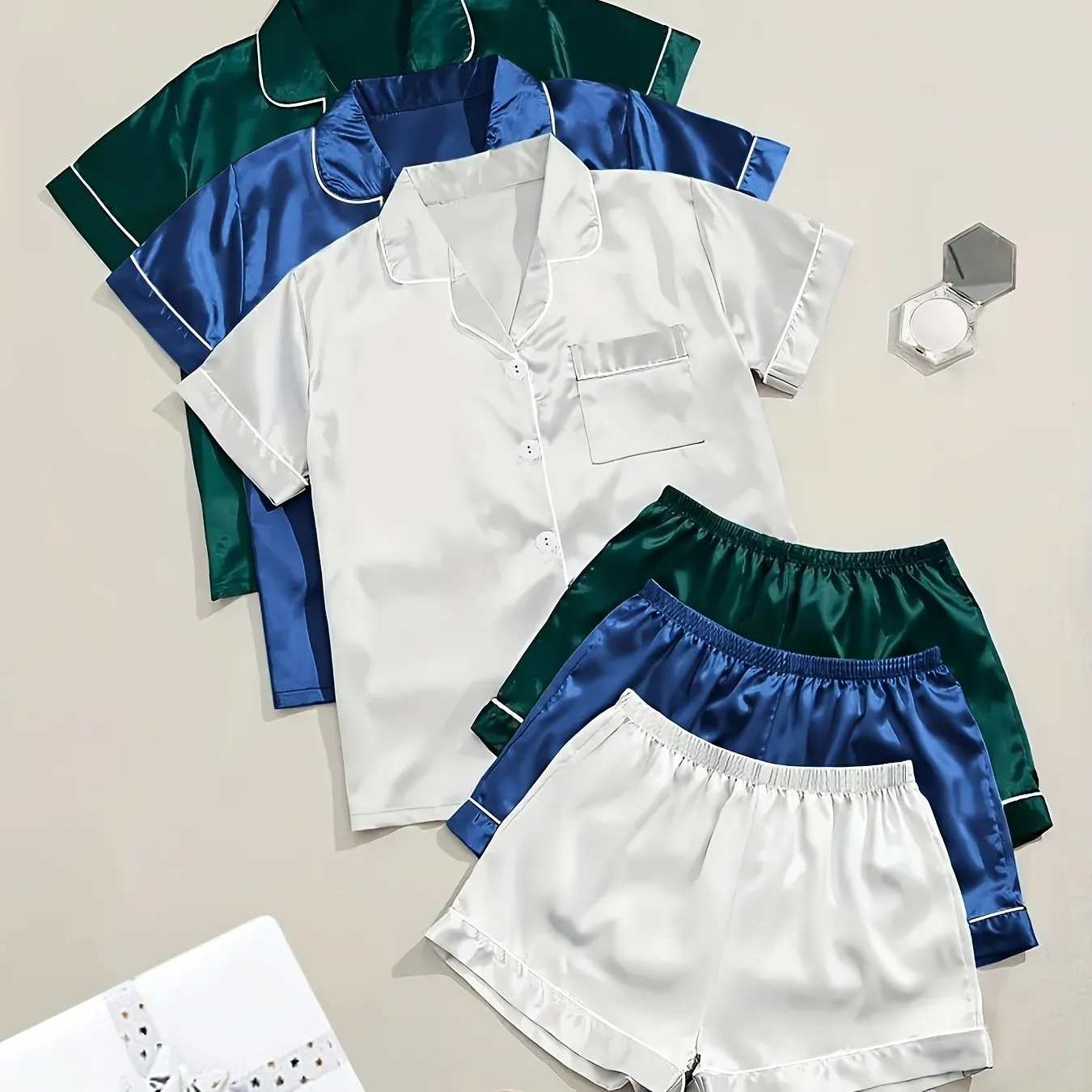 3 Sets Solid Satin Pajama Set for Women - Casual Short Sleeve Buttons Lapel Top & Elastic Shorts