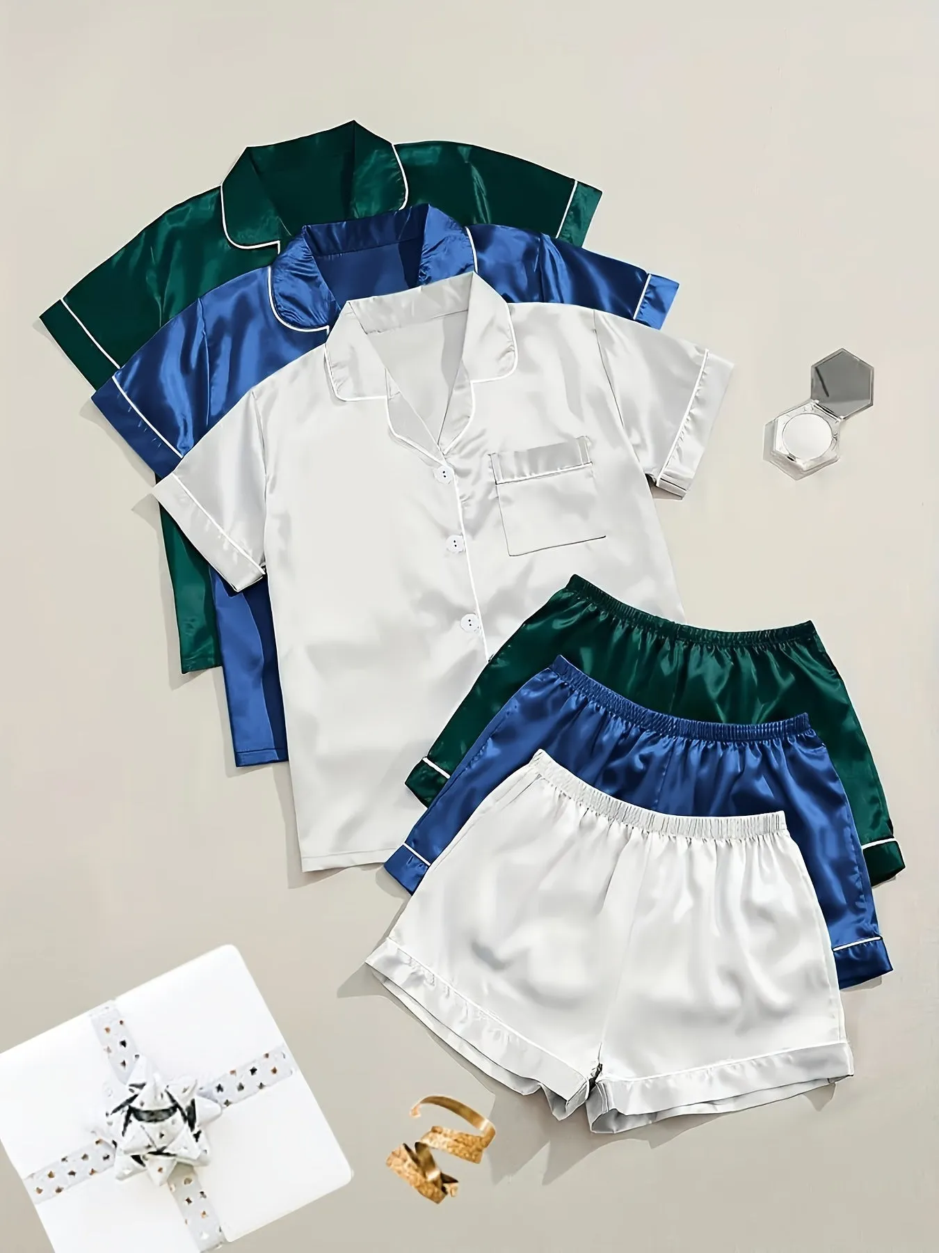3 Sets Solid Satin Pajama Set for Women - Casual Short Sleeve Buttons Lapel Top & Elastic Shorts