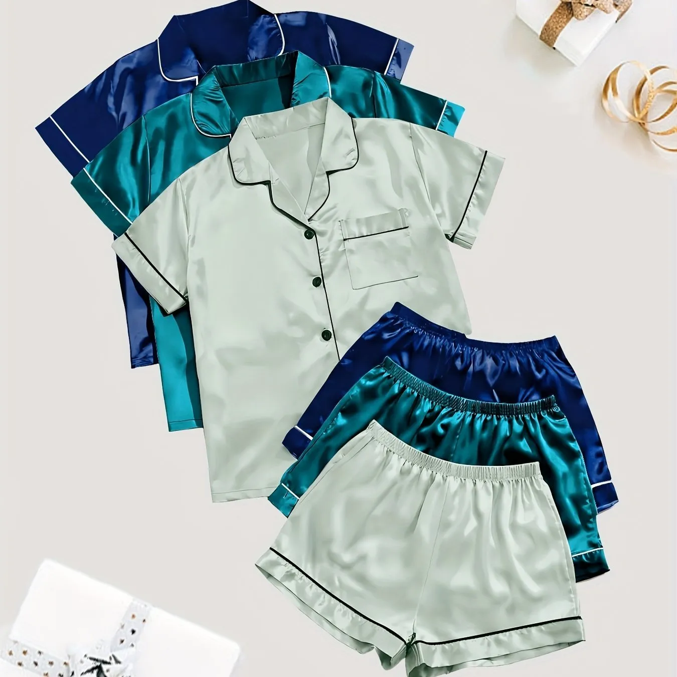 3 Sets Solid Satin Pajama Set for Women - Casual Short Sleeve Buttons Lapel Top & Elastic Shorts
