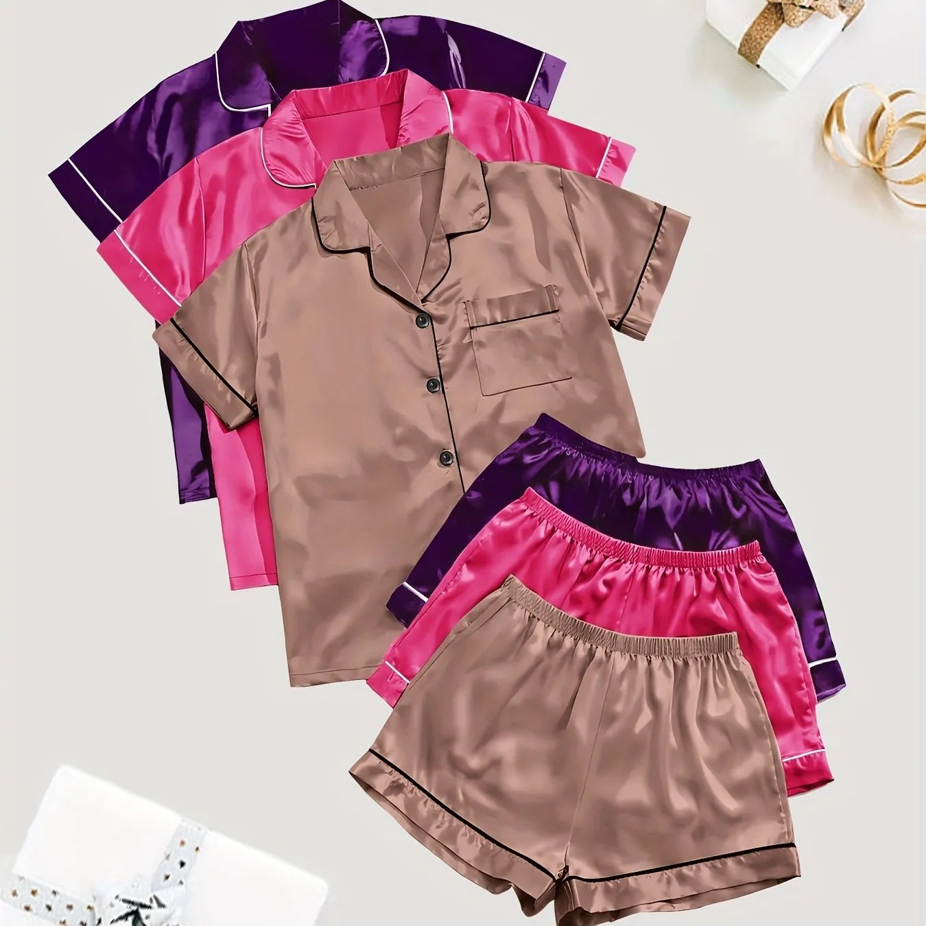 3 Sets Solid Satin Pajama Set for Women - Casual Short Sleeve Buttons Lapel Top & Elastic Shorts