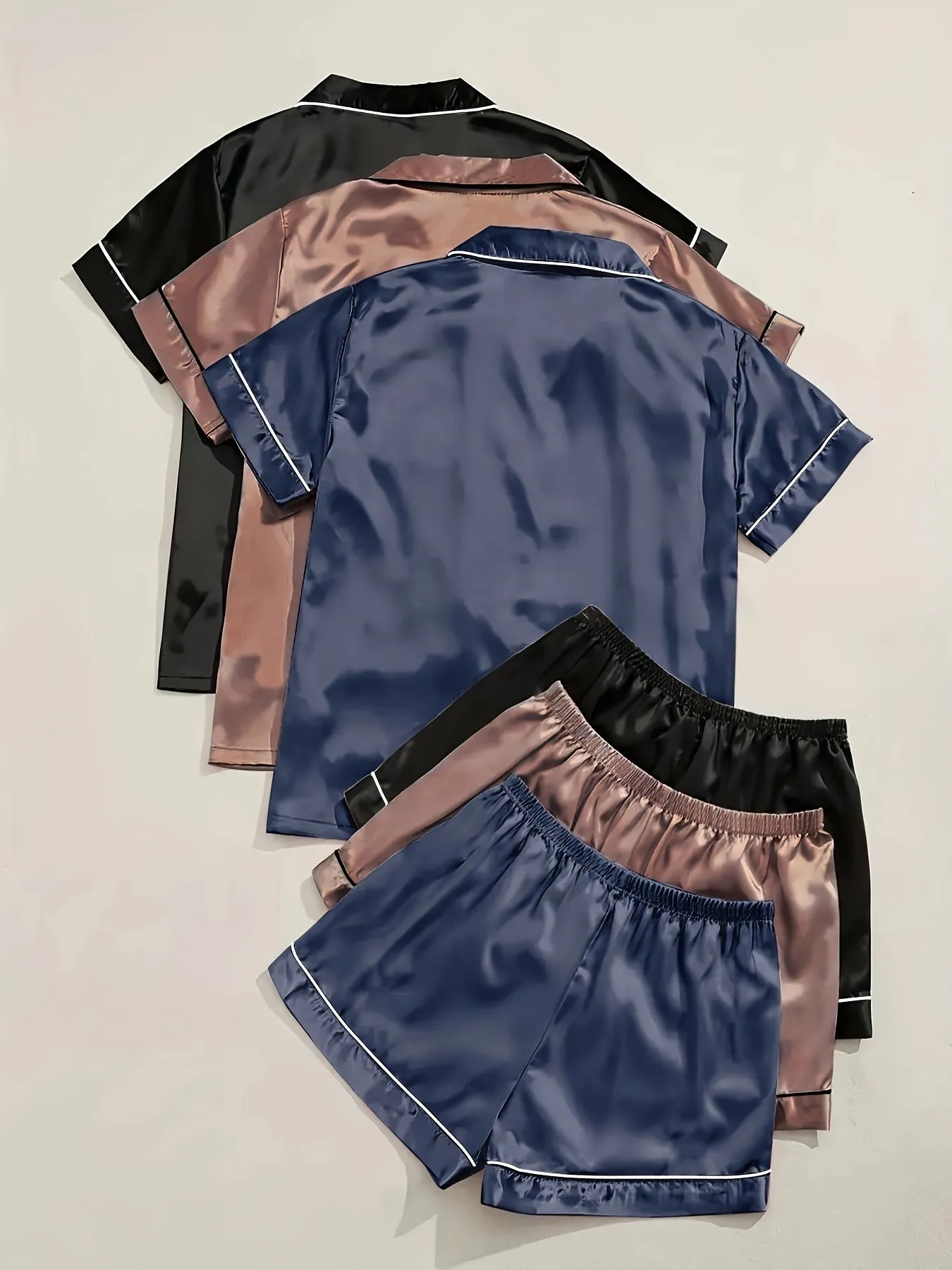 3 Sets Solid Satin Pajama Set for Women - Casual Short Sleeve Buttons Lapel Top & Elastic Shorts