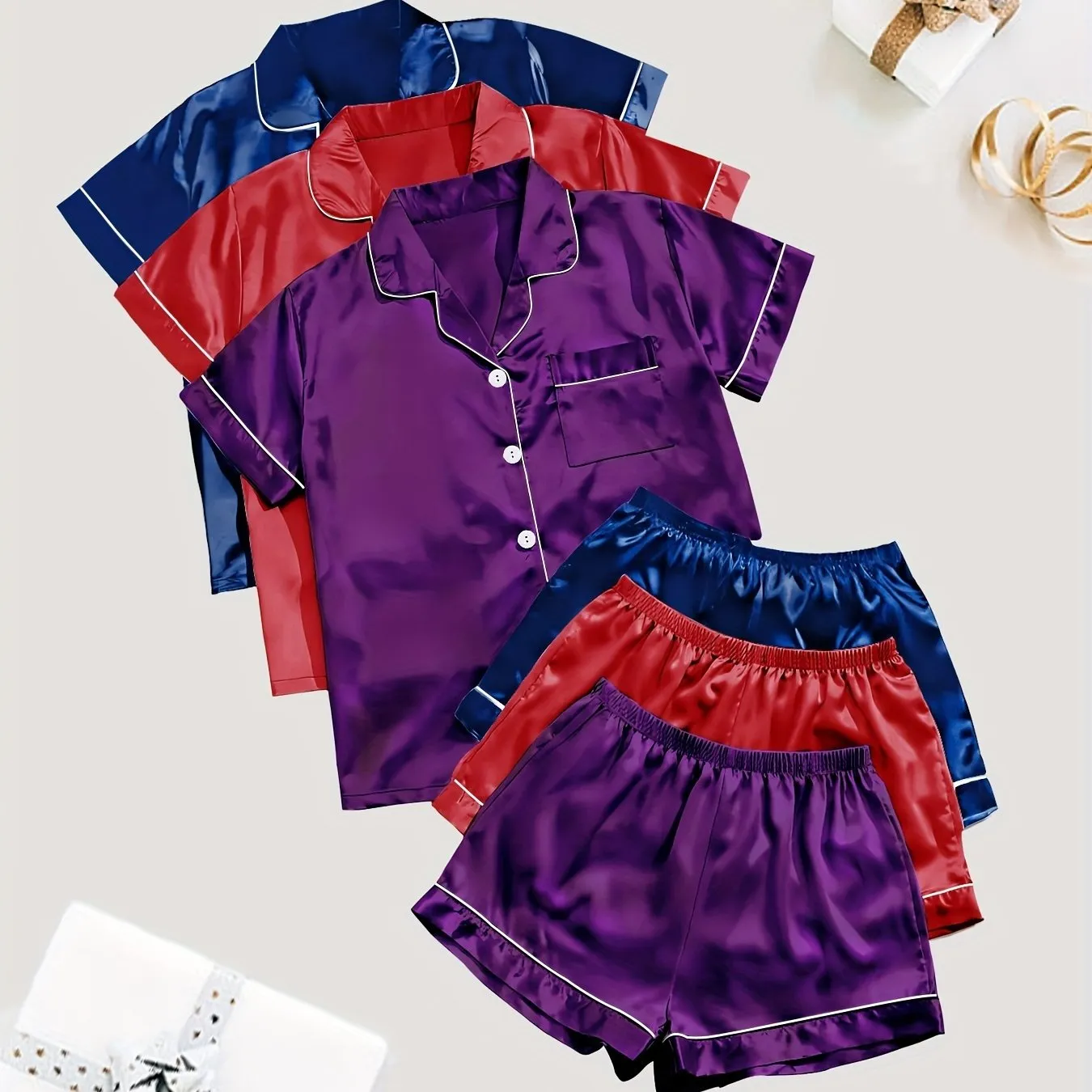 3 Sets Solid Satin Pajama Set for Women - Casual Short Sleeve Buttons Lapel Top & Elastic Shorts