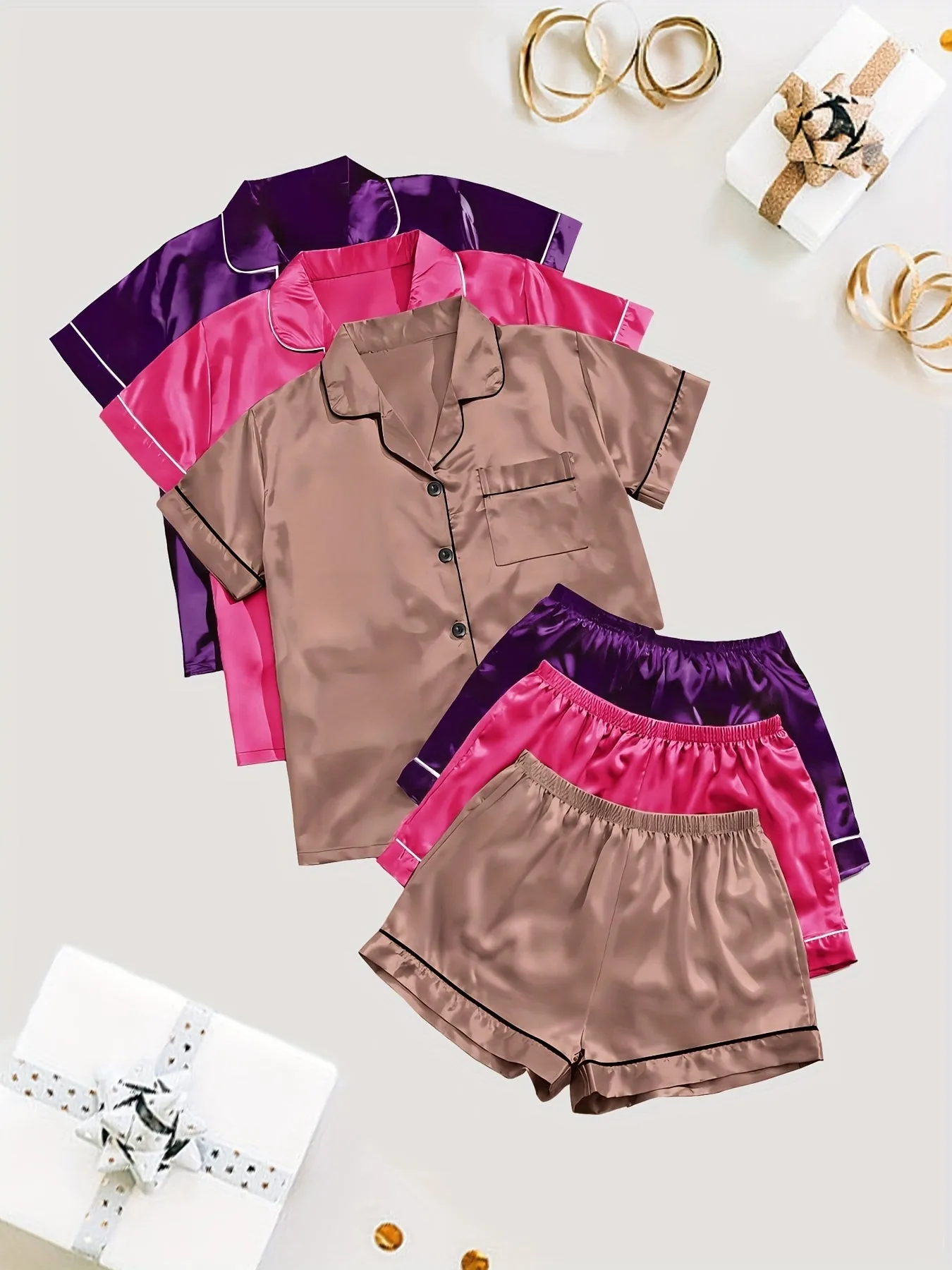 3 Sets Solid Satin Pajama Set for Women - Casual Short Sleeve Buttons Lapel Top & Elastic Shorts