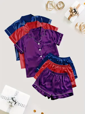 3 Sets Solid Satin Pajama Set for Women - Casual Short Sleeve Buttons Lapel Top & Elastic Shorts