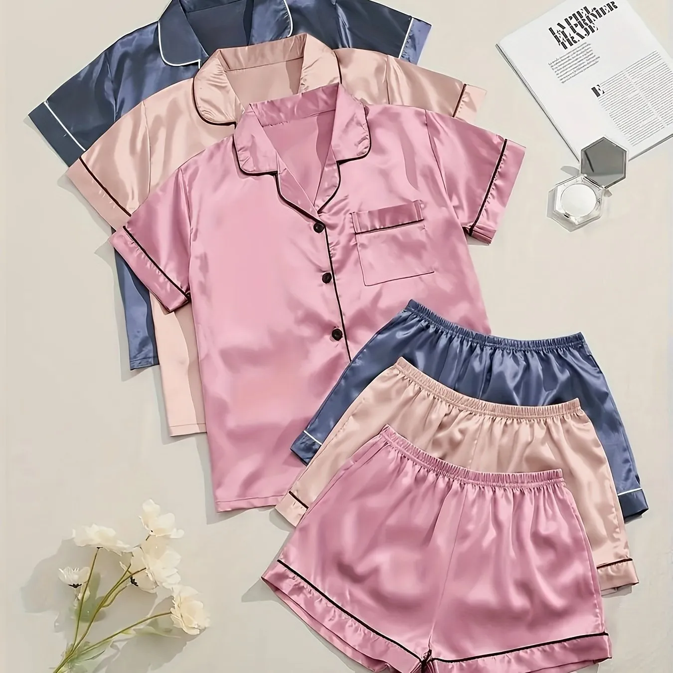 3 Sets Solid Satin Pajama Set for Women - Casual Short Sleeve Buttons Lapel Top & Elastic Shorts