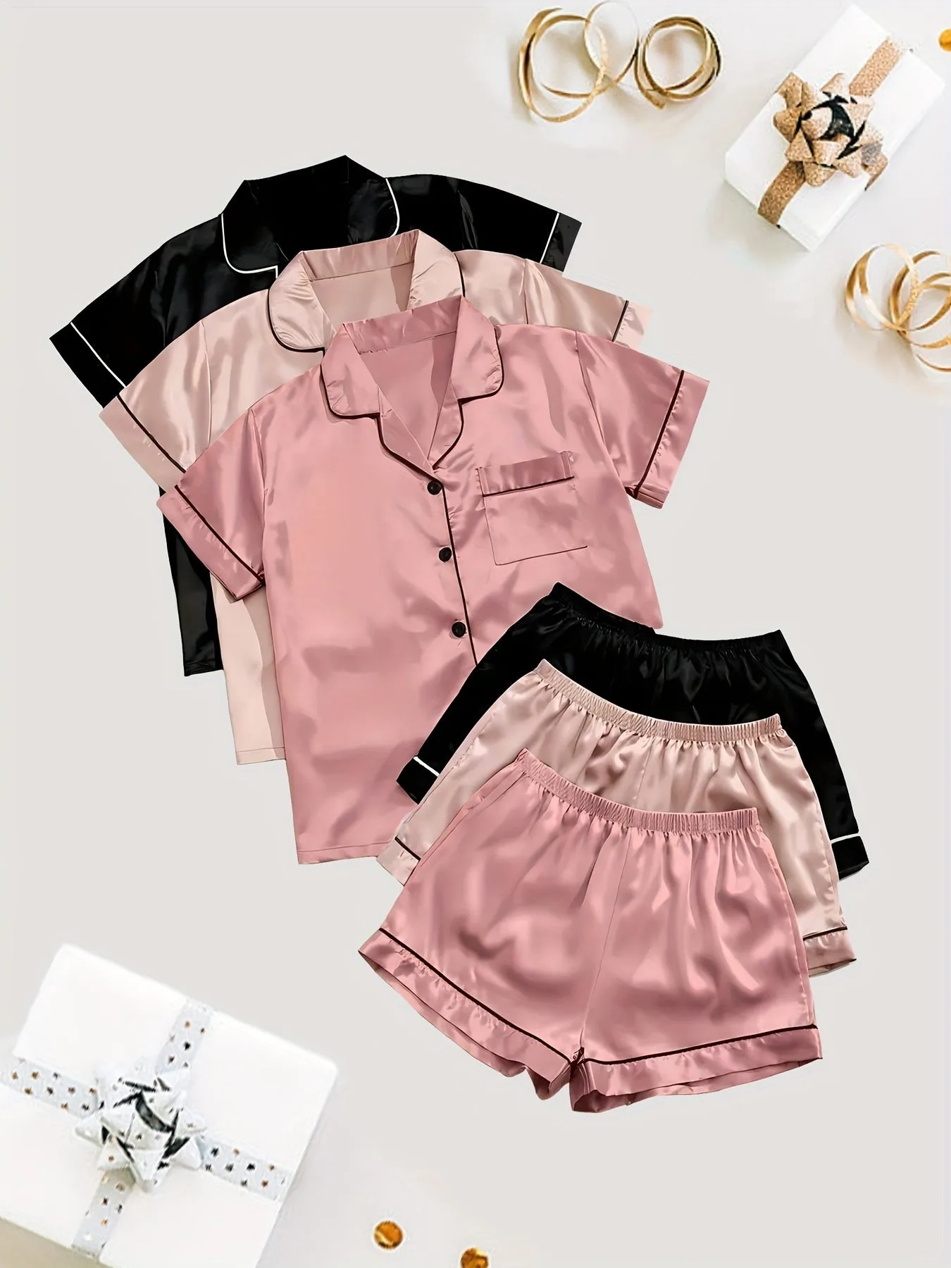 3 Sets Solid Satin Pajama Set for Women - Casual Short Sleeve Buttons Lapel Top & Elastic Shorts