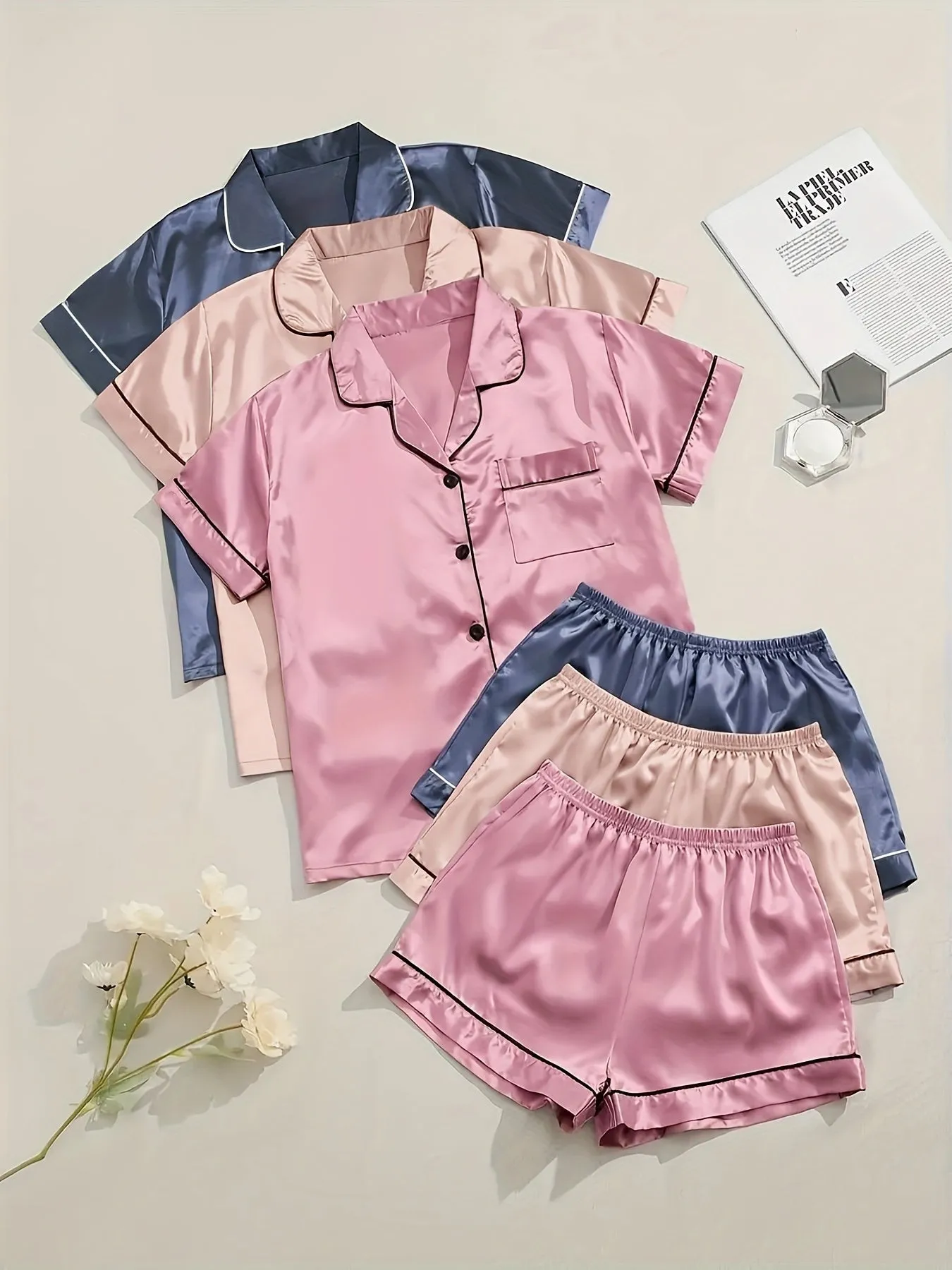 3 Sets Solid Satin Pajama Set for Women - Casual Short Sleeve Buttons Lapel Top & Elastic Shorts