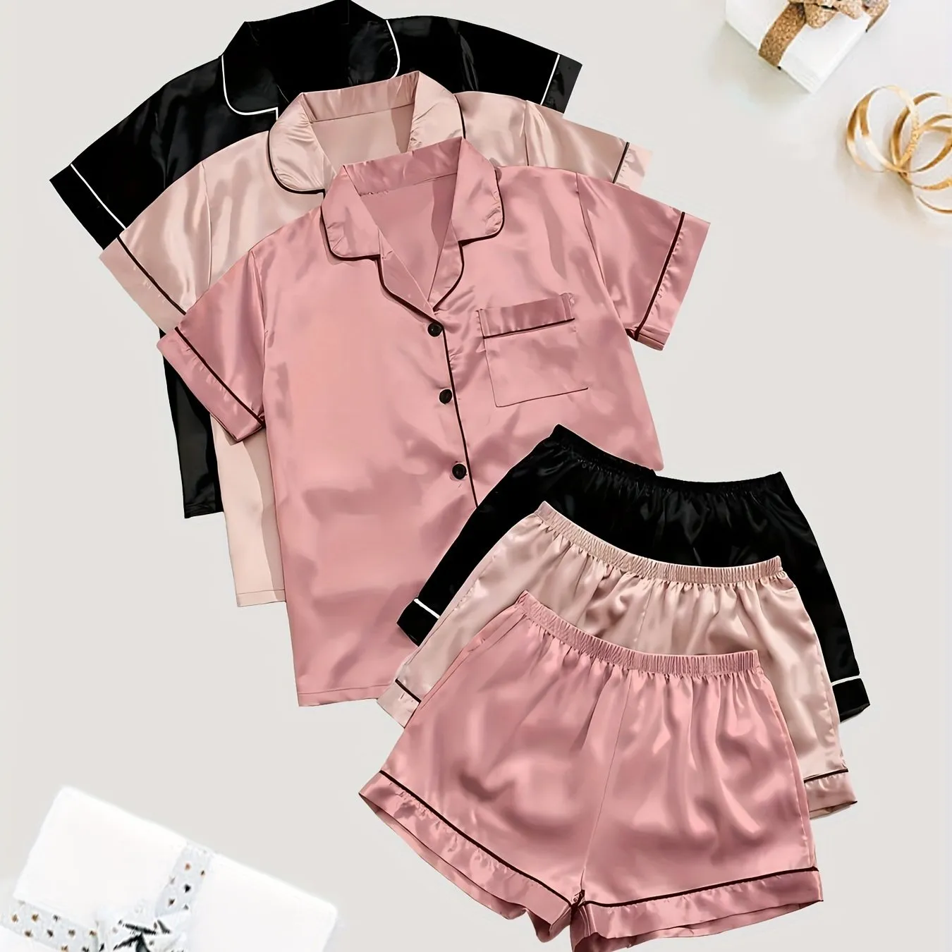 3 Sets Solid Satin Pajama Set for Women - Casual Short Sleeve Buttons Lapel Top & Elastic Shorts
