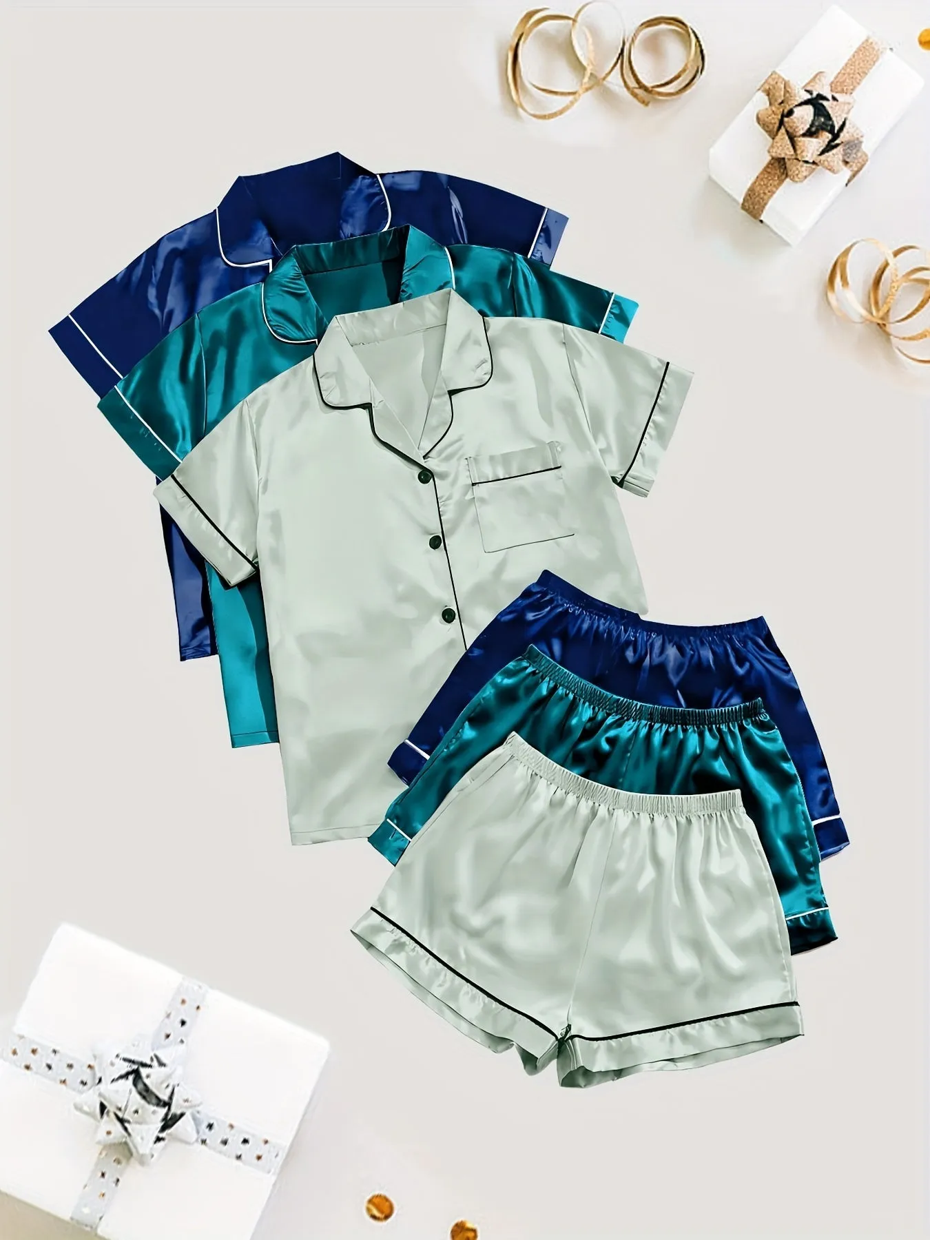 3 Sets Solid Satin Pajama Set for Women - Casual Short Sleeve Buttons Lapel Top & Elastic Shorts
