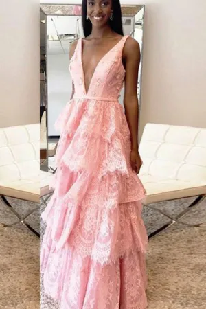 A-Line Deep V-Neck Backless Pink Lace Layered Prom Dresses OK751