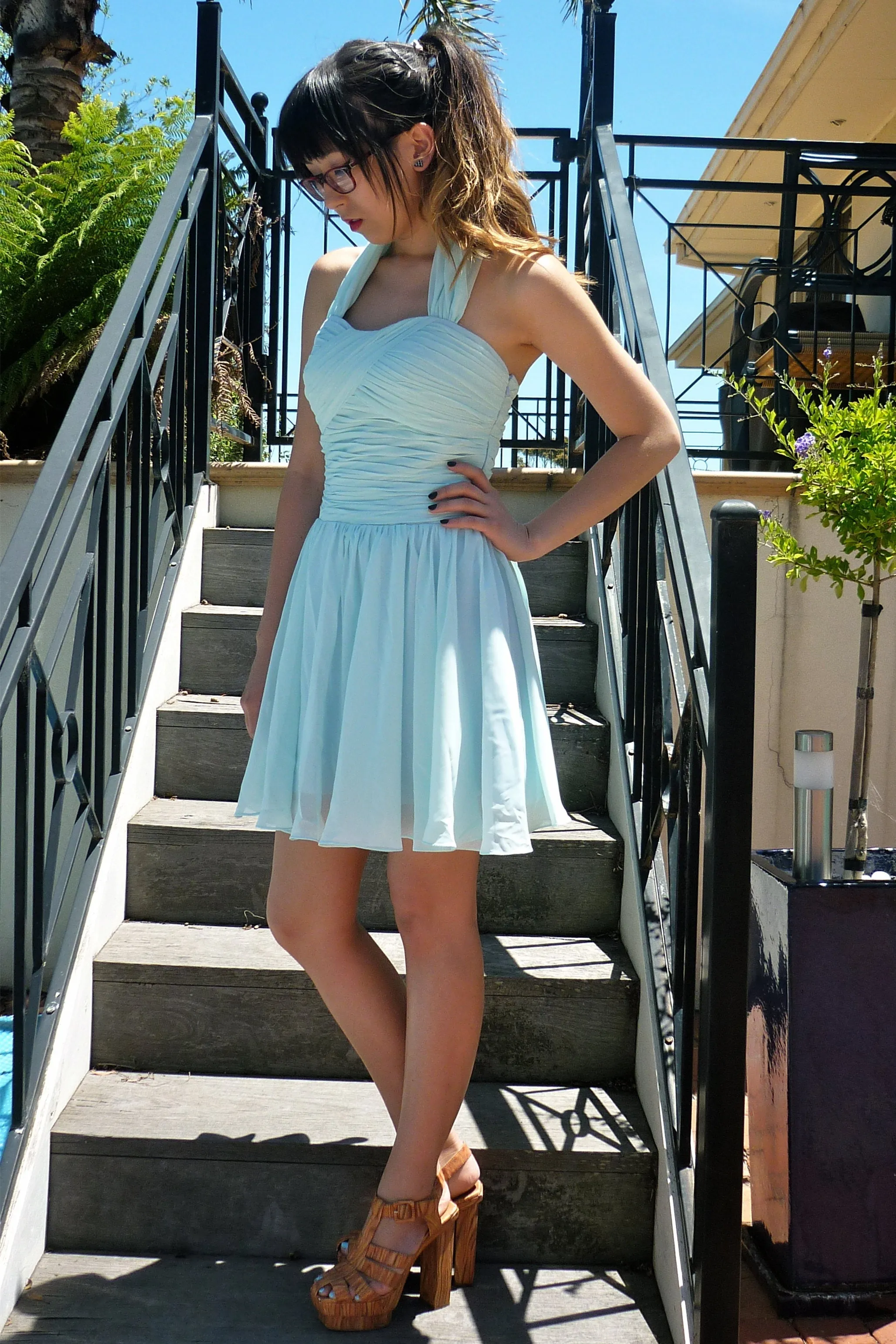 A-line Halt Sweetheart Knee Length Backless Chiffon Prom Dress