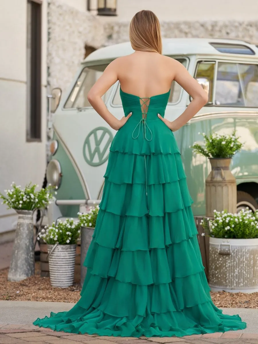 A-line Strapless V-Neck Layered Chiffon Sleeveless Formal Prom Dresses