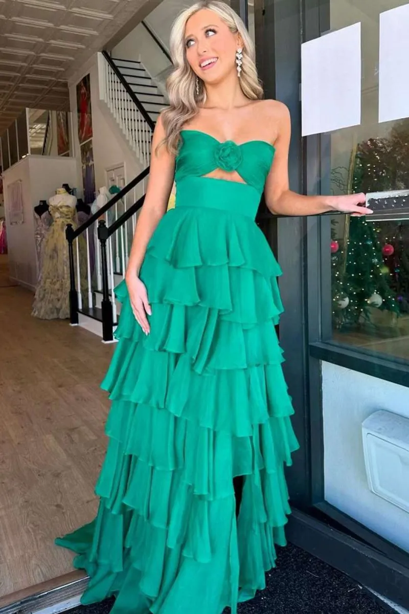 A-line Strapless V-Neck Layered Chiffon Sleeveless Formal Prom Dresses