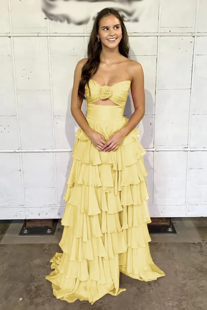 A-line Strapless V-Neck Layered Chiffon Sleeveless Formal Prom Dresses