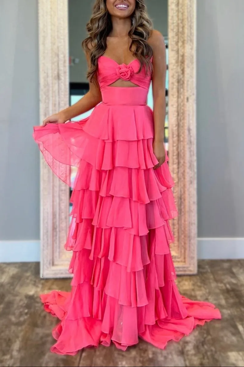 A-line Strapless V-Neck Layered Chiffon Sleeveless Formal Prom Dresses