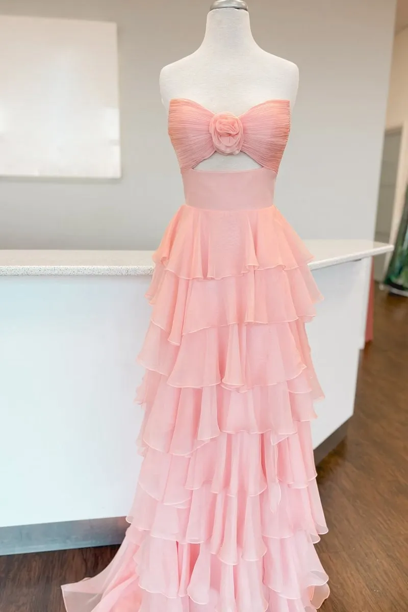 A-line Strapless V-Neck Layered Chiffon Sleeveless Formal Prom Dresses