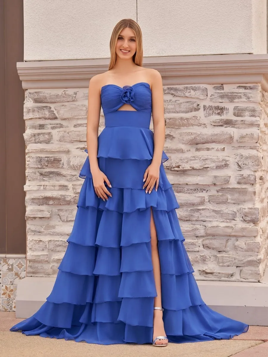 A-line Strapless V-Neck Layered Chiffon Sleeveless Formal Prom Dresses