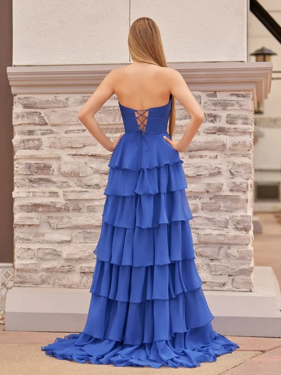 A-line Strapless V-Neck Layered Chiffon Sleeveless Formal Prom Dresses