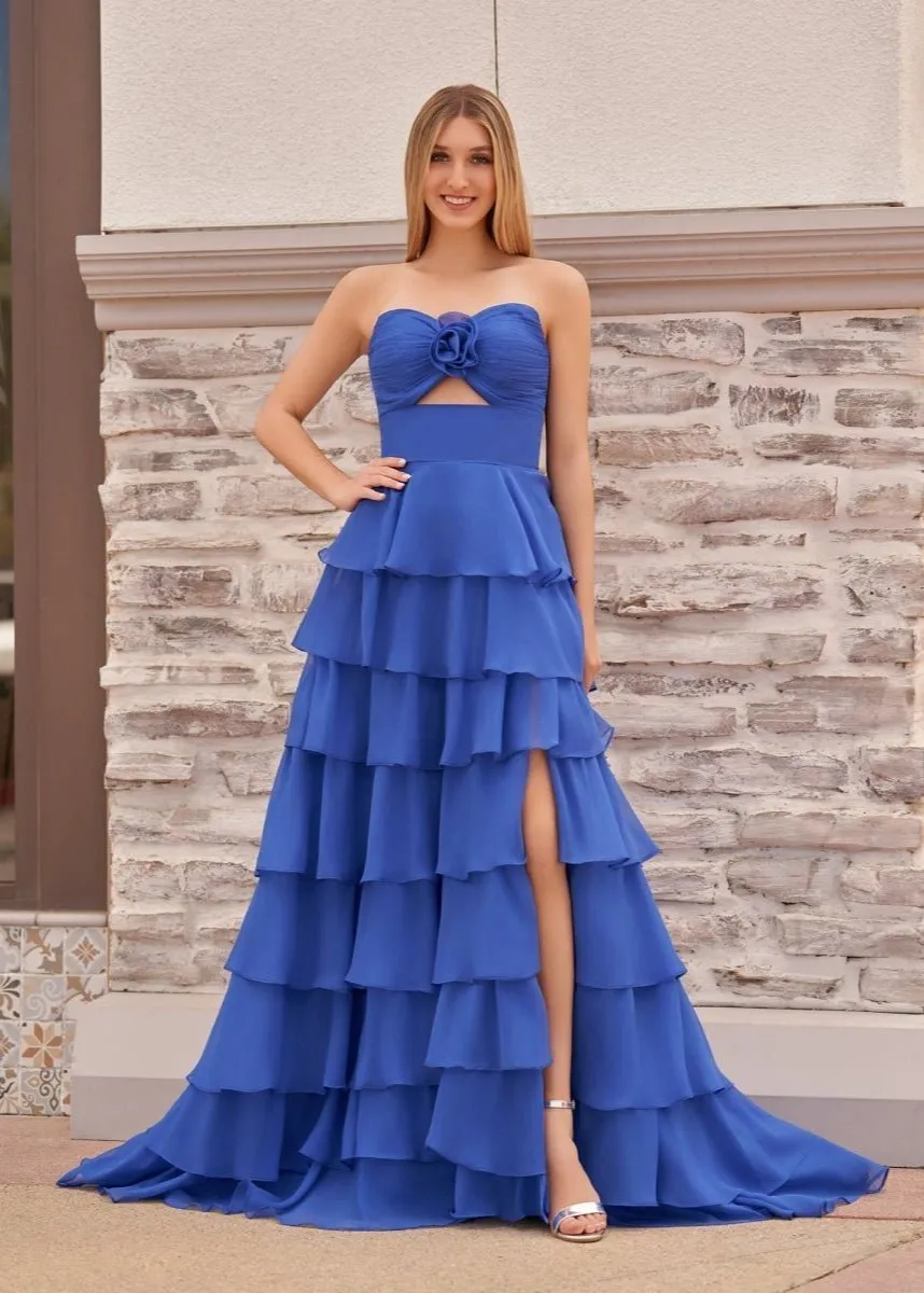 A-line Strapless V-Neck Layered Chiffon Sleeveless Formal Prom Dresses