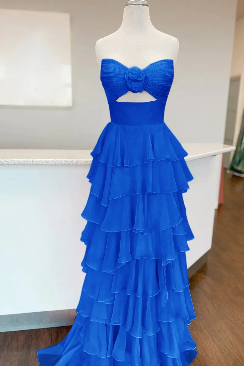 A-line Strapless V-Neck Layered Chiffon Sleeveless Formal Prom Dresses