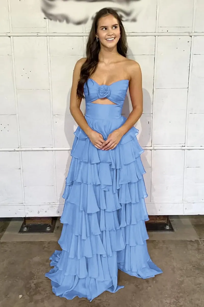A-line Strapless V-Neck Layered Chiffon Sleeveless Formal Prom Dresses