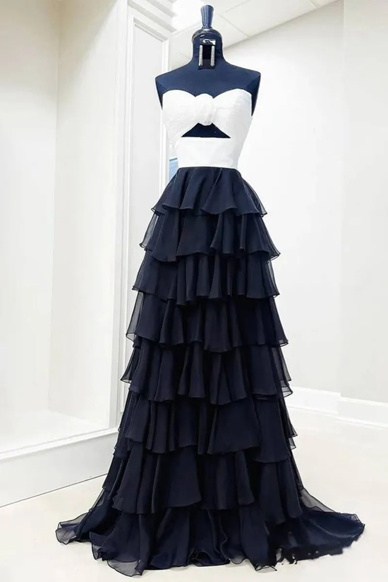 A-line Strapless V-Neck Layered Chiffon Sleeveless Formal Prom Dresses