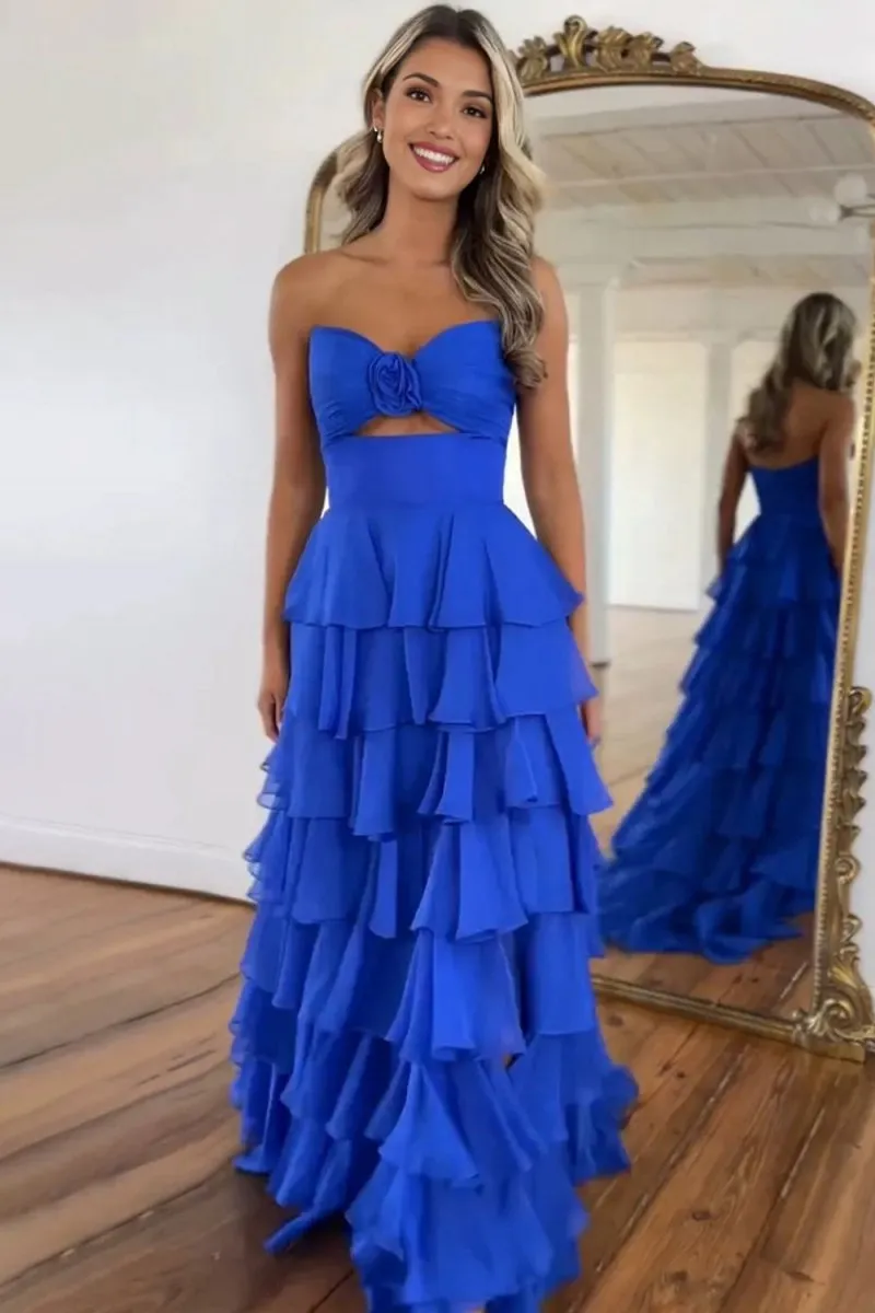 A-line Strapless V-Neck Layered Chiffon Sleeveless Formal Prom Dresses