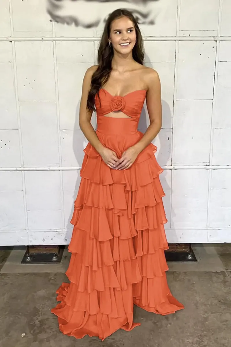 A-line Strapless V-Neck Layered Chiffon Sleeveless Formal Prom Dresses