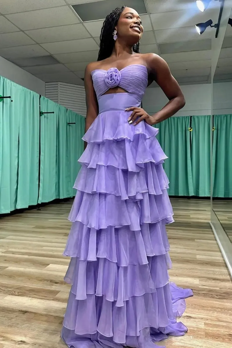 A-line Strapless V-Neck Layered Chiffon Sleeveless Formal Prom Dresses