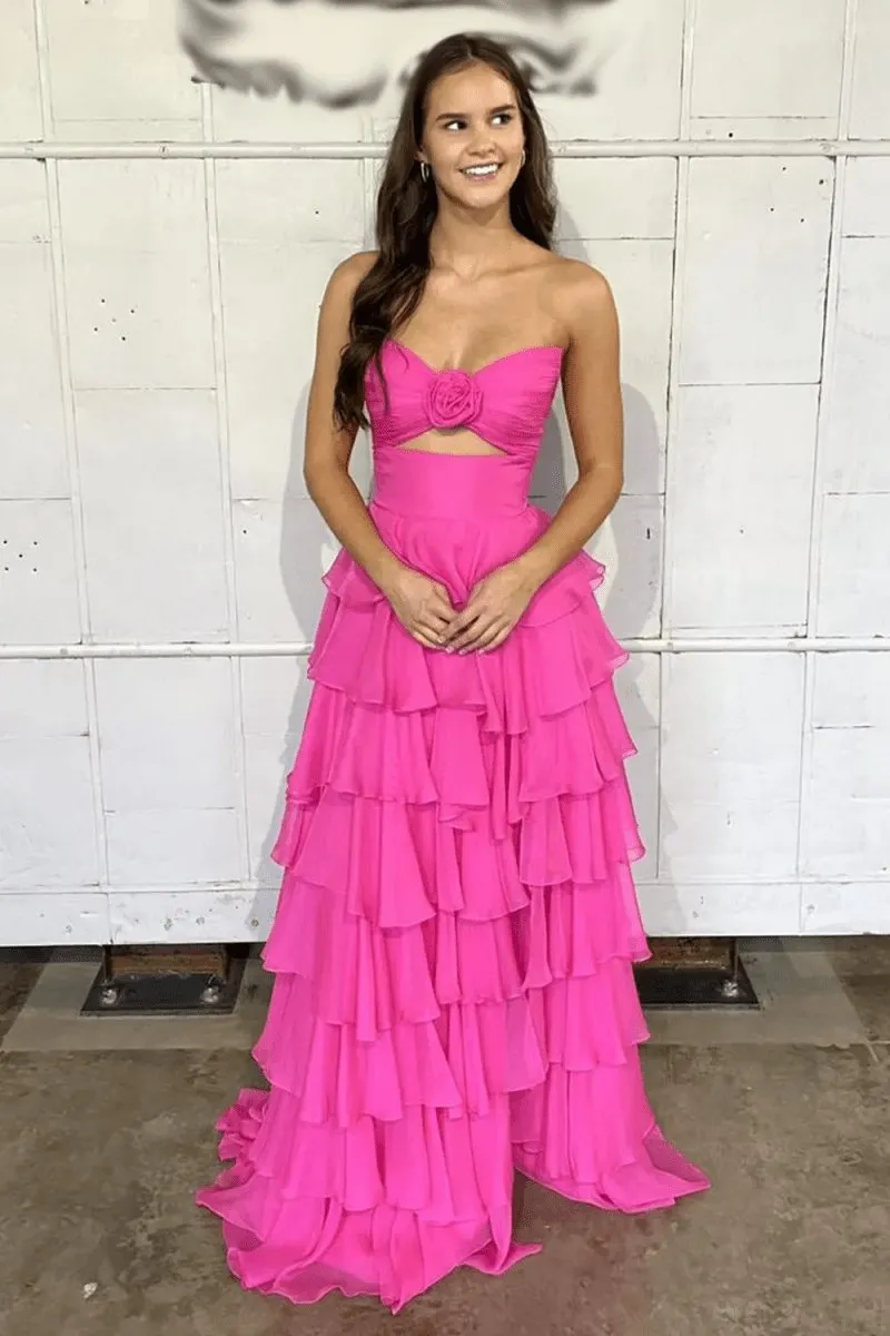 A-line Strapless V-Neck Layered Chiffon Sleeveless Formal Prom Dresses