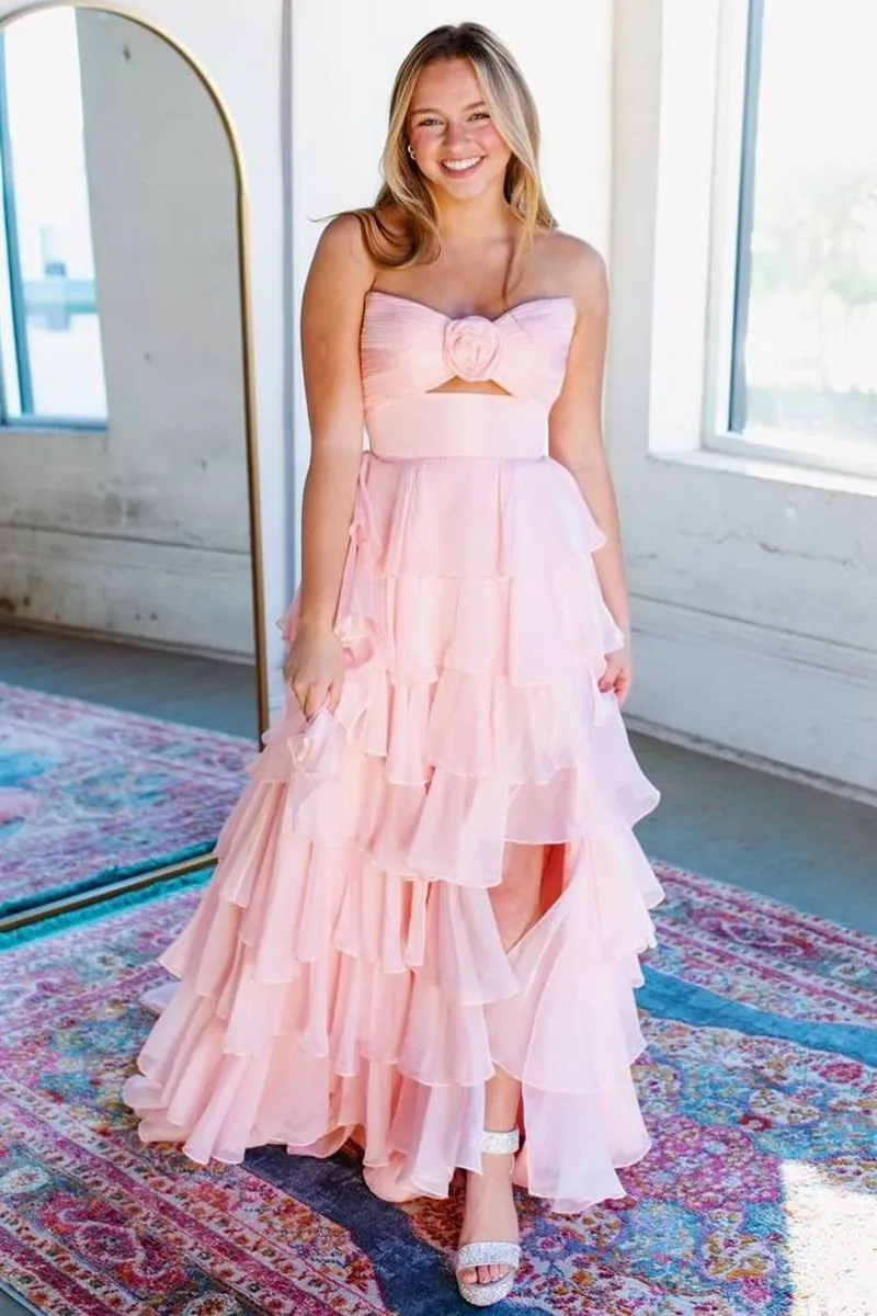 A-line Strapless V-Neck Layered Chiffon Sleeveless Formal Prom Dresses