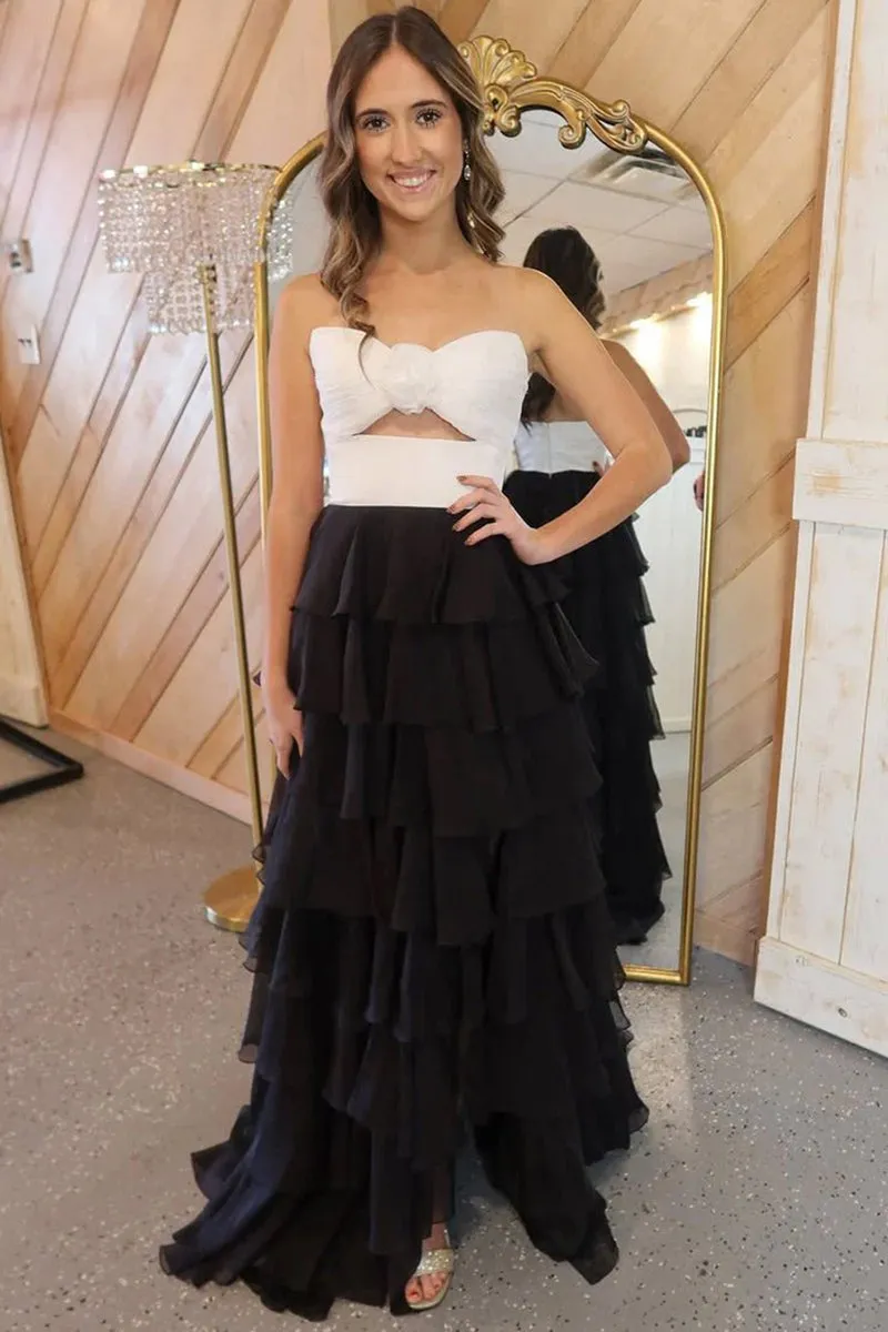 A-line Strapless V-Neck Layered Chiffon Sleeveless Formal Prom Dresses