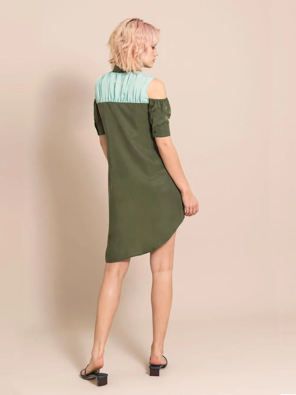 Airy Shirt Dress, Cupro, in Green & Light Blue