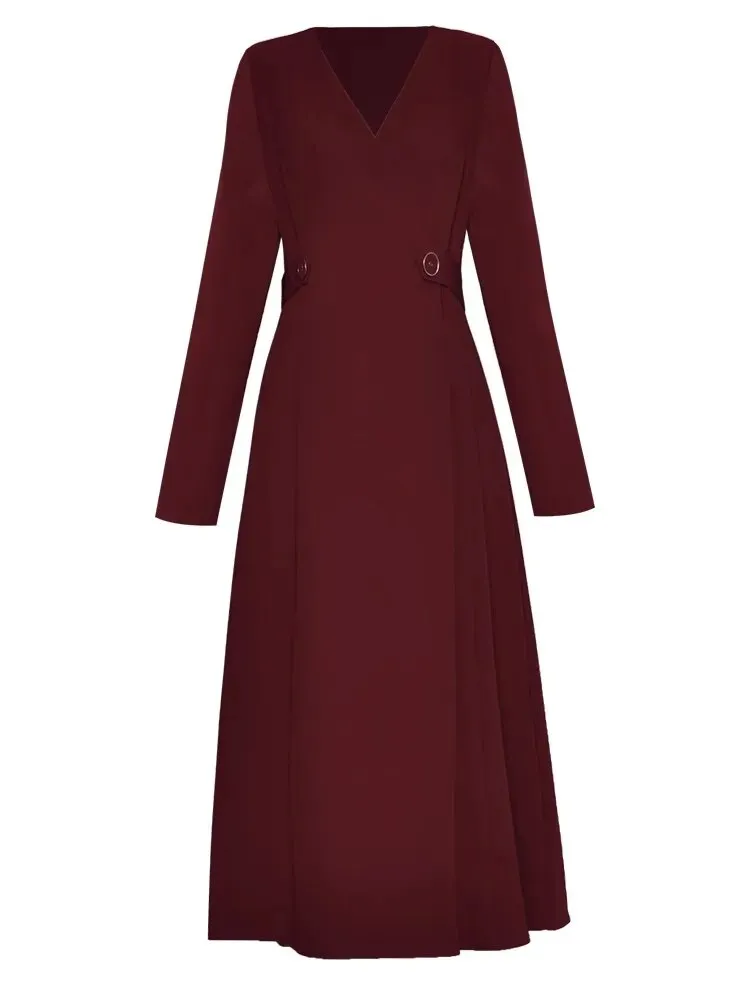 Araya Dress Women V-Neck Long Sleeve Temperament Office Lady Solid Color Midi Dress