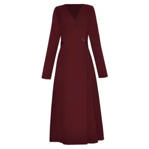 Araya Dress Women V-Neck Long Sleeve Temperament Office Lady Solid Color Midi Dress