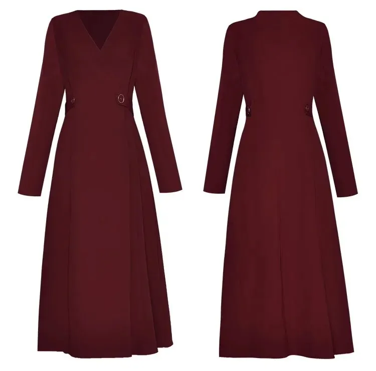 Araya Dress Women V-Neck Long Sleeve Temperament Office Lady Solid Color Midi Dress