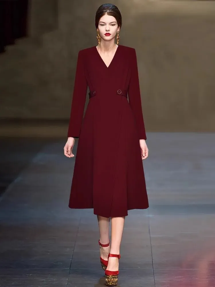 Araya Dress Women V-Neck Long Sleeve Temperament Office Lady Solid Color Midi Dress