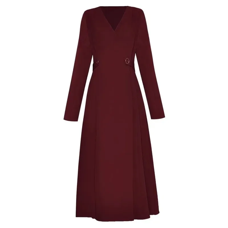 Araya Dress Women V-Neck Long Sleeve Temperament Office Lady Solid Color Midi Dress
