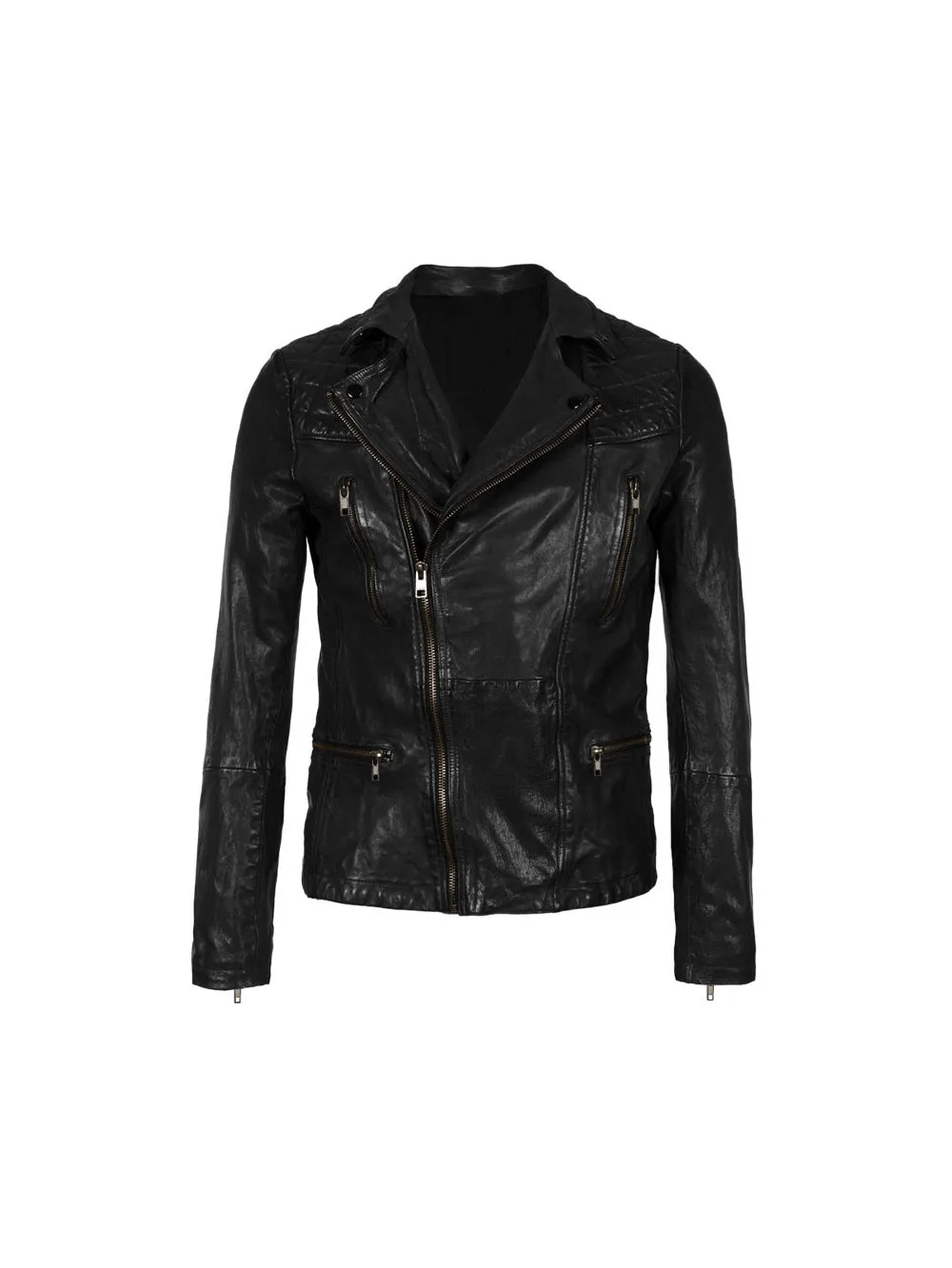Asymmetric Fastening Genuine Leather Biker Jacket for Men