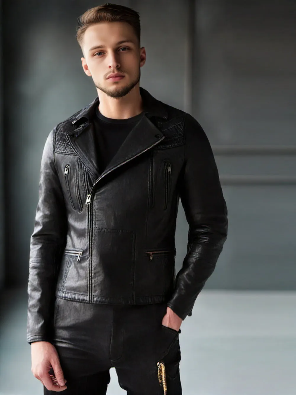 Asymmetric Fastening Genuine Leather Biker Jacket for Men