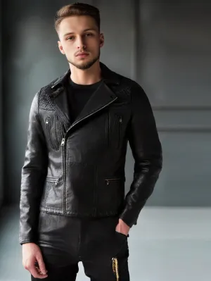 Asymmetric Fastening Genuine Leather Biker Jacket for Men