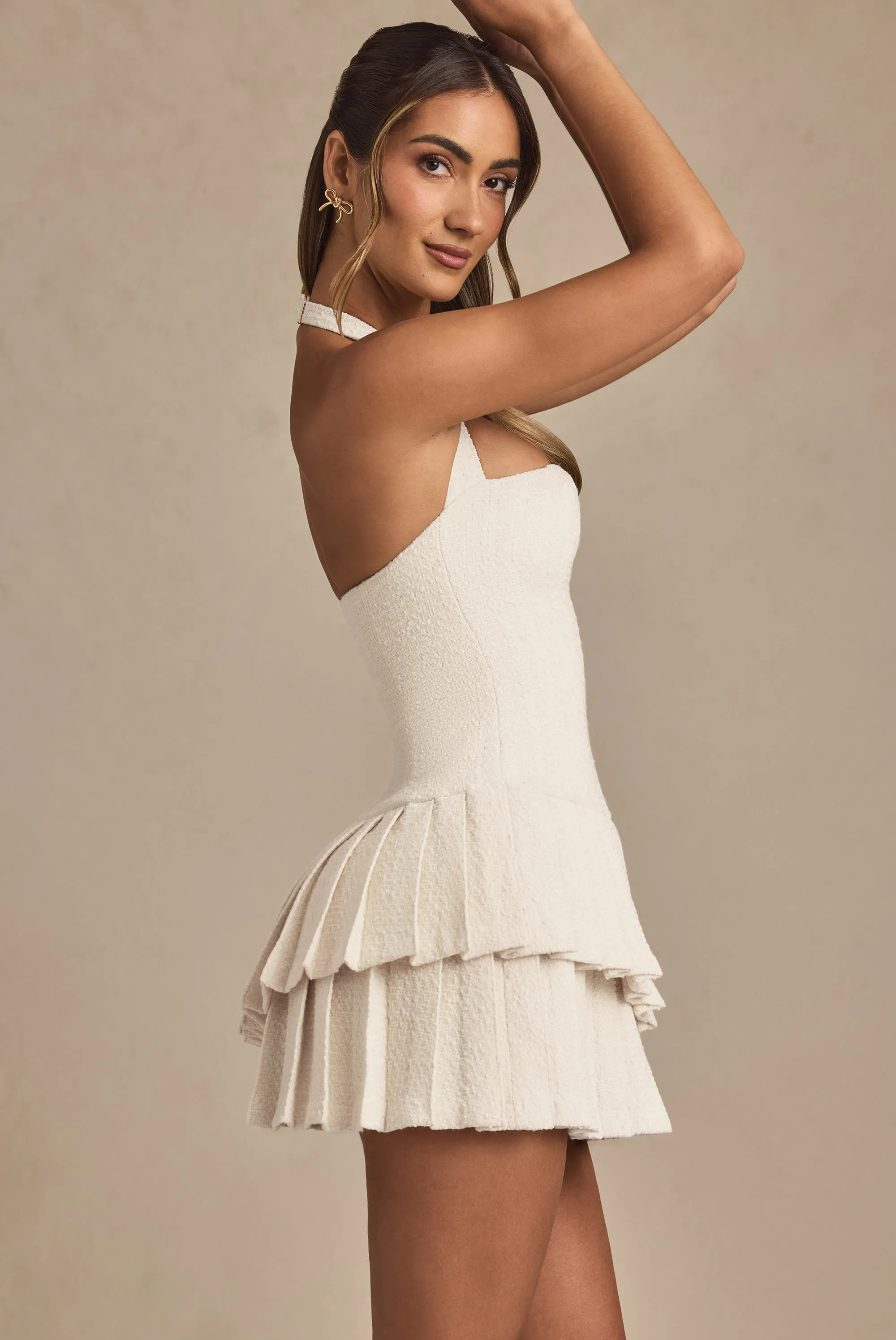 Asymmetric Layered Halterneck Mini Dress in Ivory
