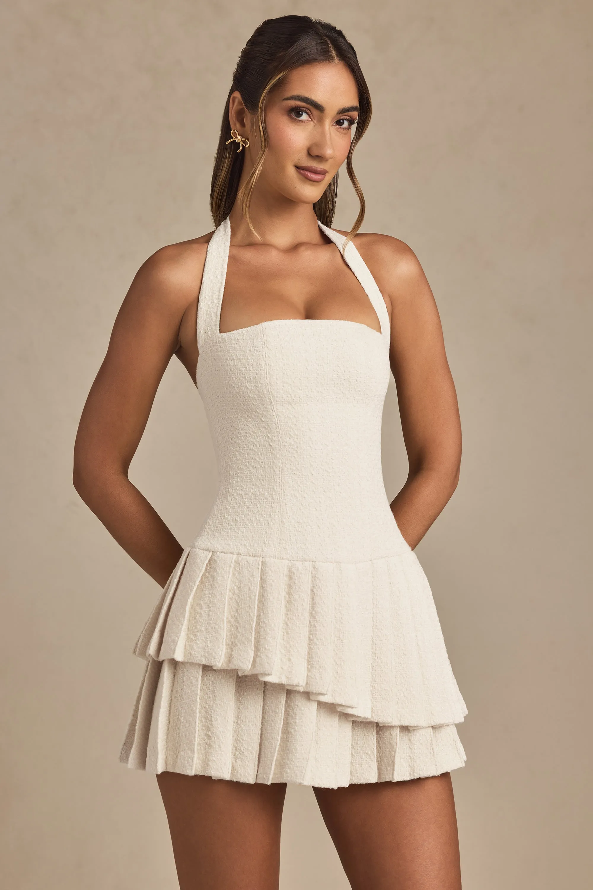 Asymmetric Layered Halterneck Mini Dress in Ivory