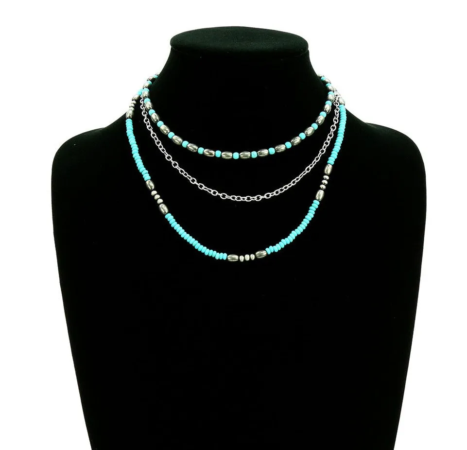 Atlas Navajo Cylinder, Chain & Seed Bead Layered 3 Strand Necklace