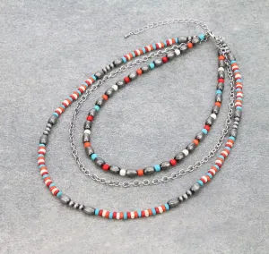 Atlas Navajo Cylinder, Chain & Seed Bead Layered 3 Strand Necklace