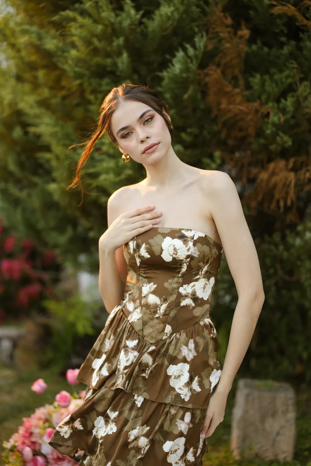 AURORA Strapless Drop Waist Maxi Dress with Layered Skirt (Brown Floral Silk)